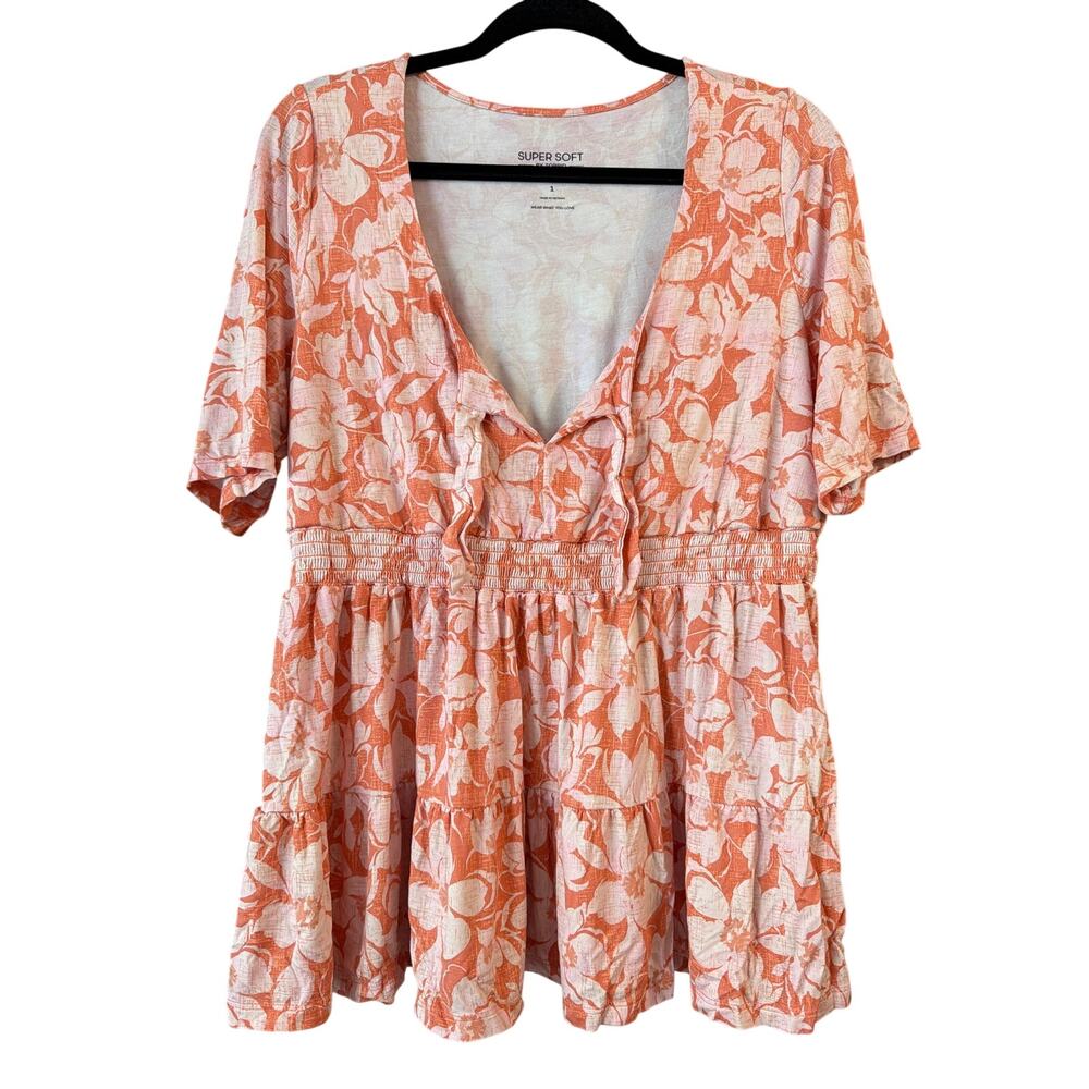 Torrid Women's Plus Size Orange & White Floral Tie Front Babydoll Top Size 1 1X